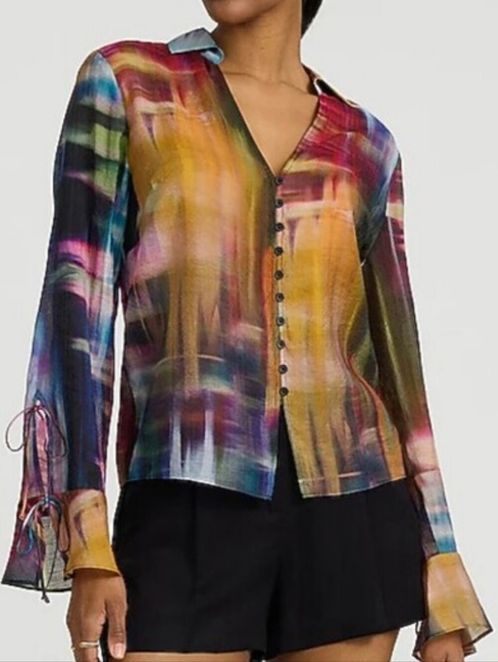 Tie Long Sleeve Button Front Top
